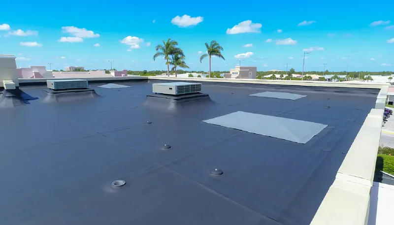 Dark EPDM flat roof on a Florida commercial property, with skylights and rooftop vents